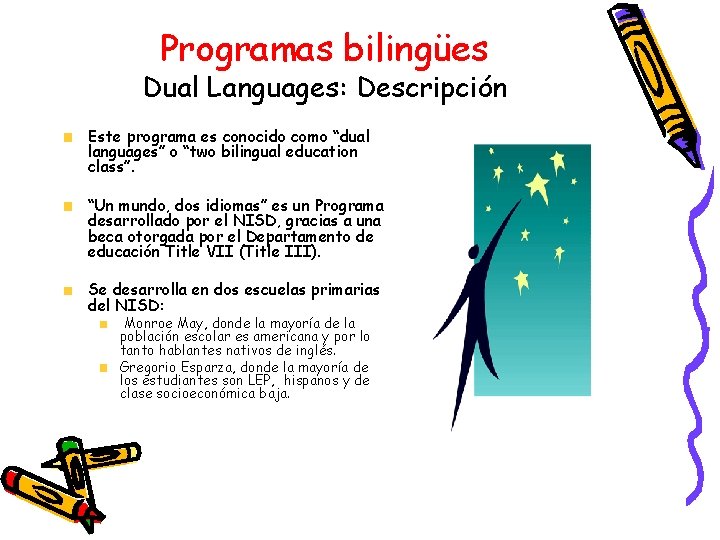 Programas bilingües Dual Languages: Descripción Este programa es conocido como “dual languages” o “two