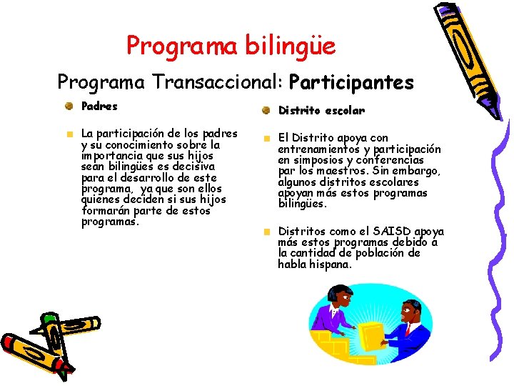 Programa bilingüe Programa Transaccional: Participantes Padres Distrito escolar La participación de los padres y