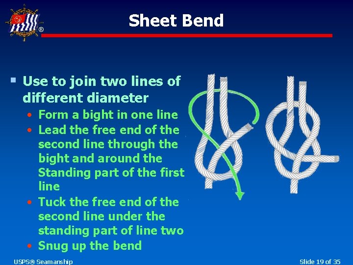 ® Sheet Bend § Use to join two lines of different diameter • Form
