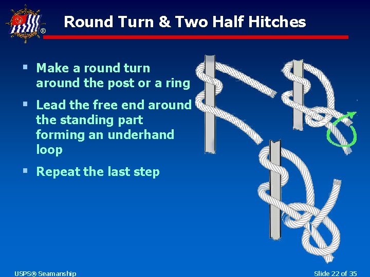 ® Round Turn & Two Half Hitches § Make a round turn around the