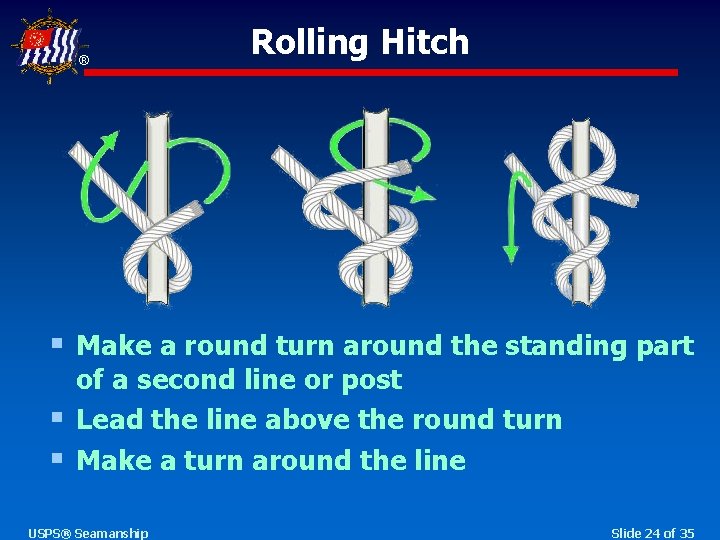 ® Rolling Hitch § Make a round turn around the standing part § §
