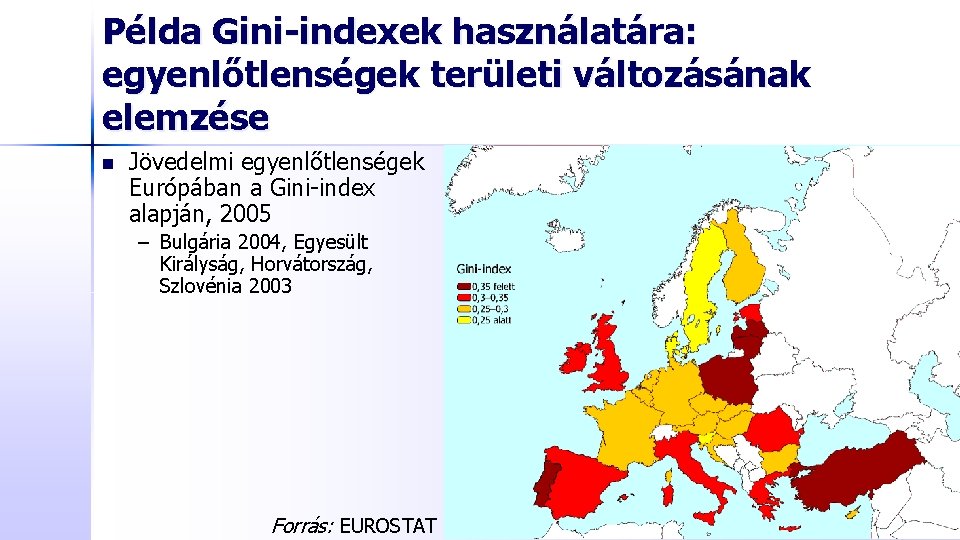 Példa Gini-indexek használatára: egyenlőtlenségek területi változásának elemzése n Jövedelmi egyenlőtlenségek Európában a Gini-index alapján,