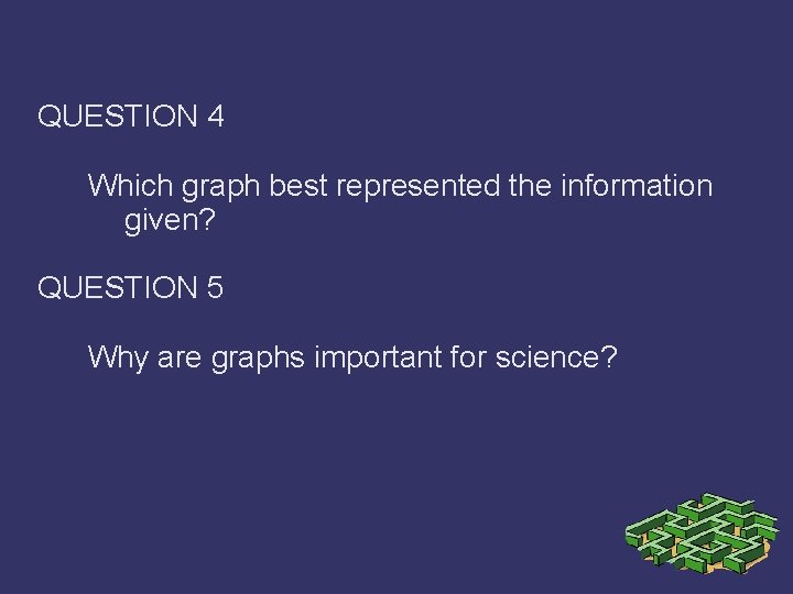 QUESTION 4 Which graph best represented the information given? QUESTION 5 Why are graphs