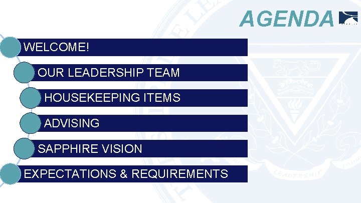 AGENDA WELCOME! OUR LEADERSHIP TEAM HOUSEKEEPING ITEMS ADVISING SAPPHIRE VISION EXPECTATIONS & REQUIREMENTS 