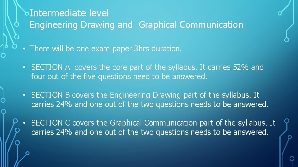 Intermediate level Engineering Drawing and Graphical Communication • There will be one exam paper Intermediate level Engineering Drawing and Graphical Communication • There will be one exam paper