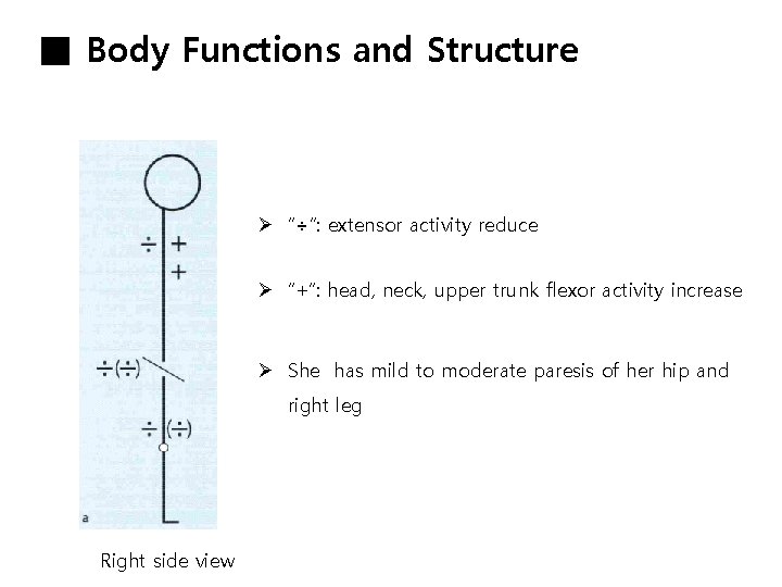 ■ Body Functions and Structure Ø “÷”: extensor activity reduce Ø “+”: head, neck,