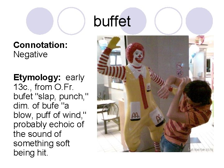 buffet Connotation: Negative Etymology: early 13 c. , from O. Fr. bufet "slap, punch,