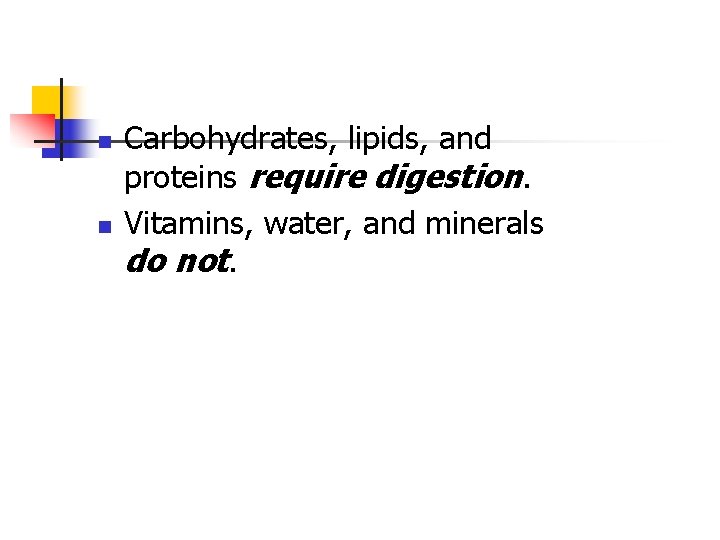 n n Carbohydrates, lipids, and proteins require digestion. Vitamins, water, and minerals do not.