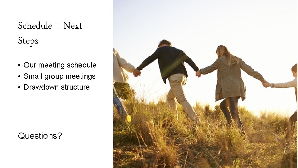 Schedule + Next Steps • Our meeting schedule • Small group meetings • Drawdown