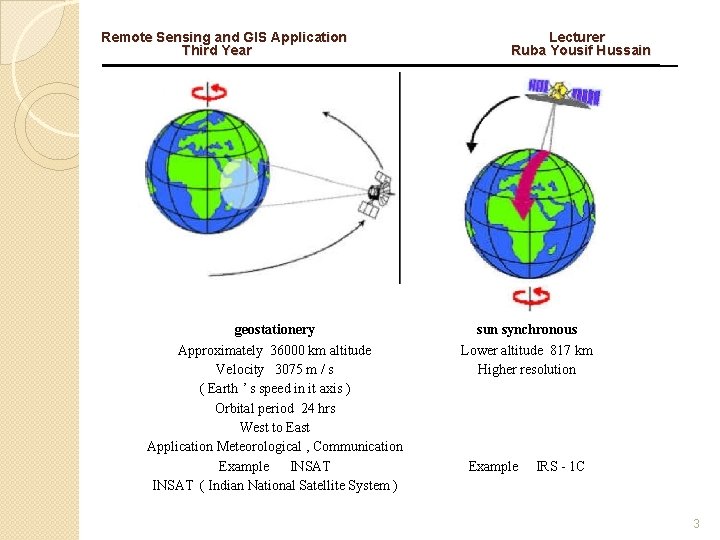 Remote Sensing and GIS Application Third Year Lecturer Ruba Yousif Hussain geostationery sun synchronous