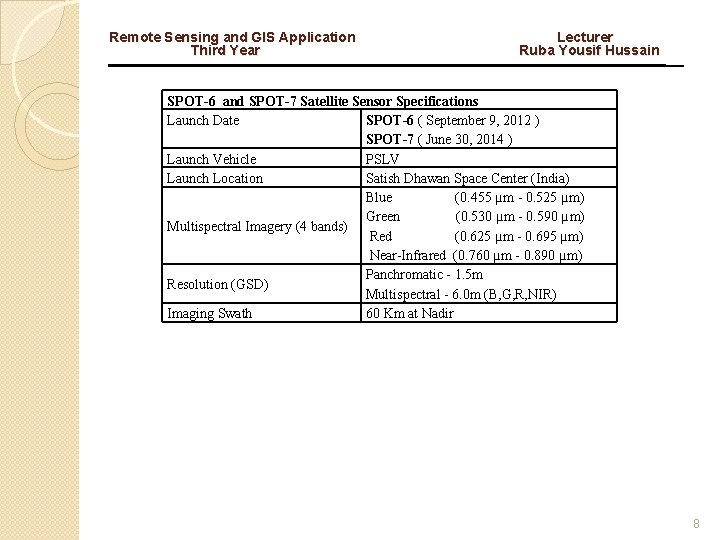 Remote Sensing and GIS Application Third Year Lecturer Ruba Yousif Hussain SPOT-6 and SPOT-7