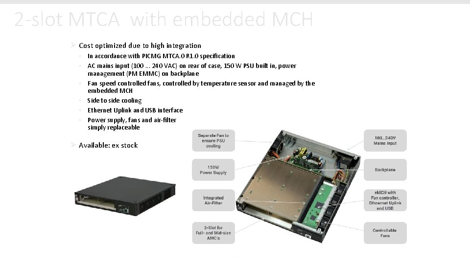 2 -slot MTCA with embedded MCH Ø Cost optimized due to high integration •