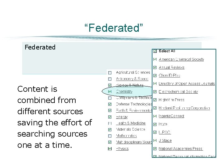 “Federated” Federated Content is combined from different sources saving the effort of searching sources