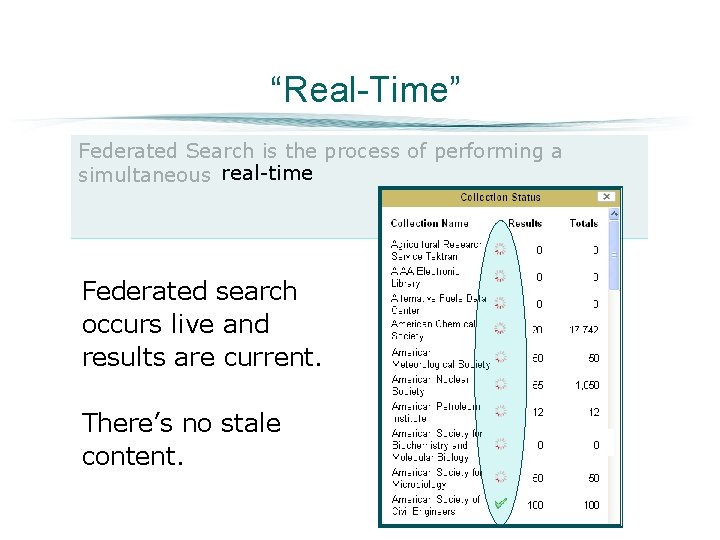 “Real-Time” Federated Search is the process of performing a simultaneous real-time Federated search occurs