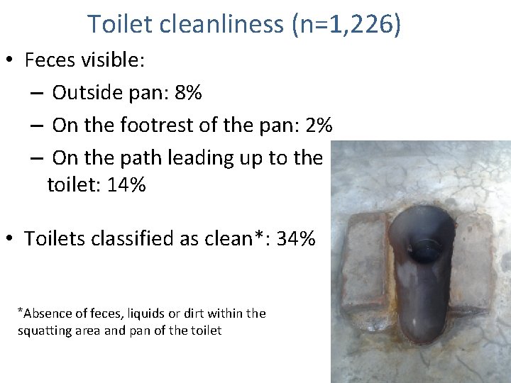 Toilet cleanliness (n=1, 226) • Feces visible: – Outside pan: 8% – On the