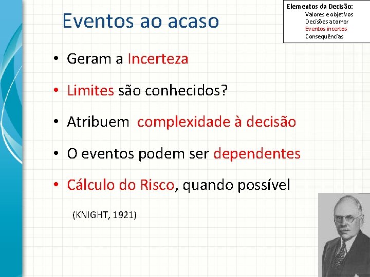 Eventos ao acaso Elementos da Decisão: Valores e objetivos Decisões a tomar Eventos incertos