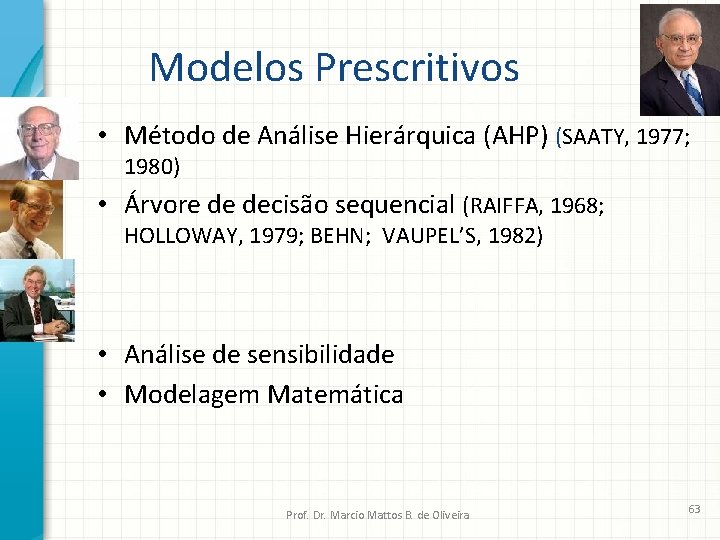 Modelos Prescritivos • Método de Análise Hierárquica (AHP) (SAATY, 1977; 1980) • Árvore de