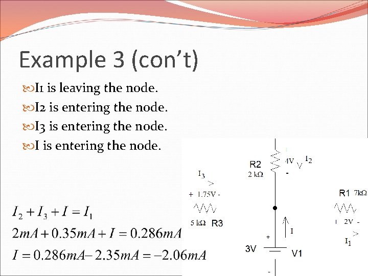 Example 3 (con’t) I 1 is leaving the node. I 2 is entering the