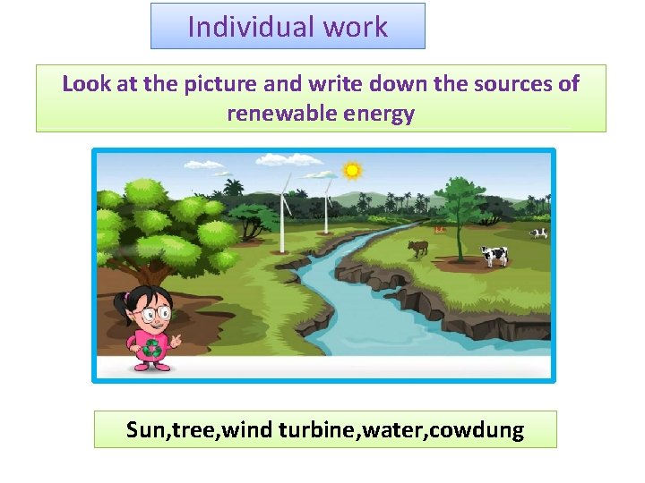 Individual work Look at the picture and write down the sources of renewable energy