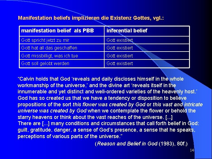 Manifestation beliefs implizieren die Existenz Gottes, vgl. : manifestation belief als PBB inferential belief