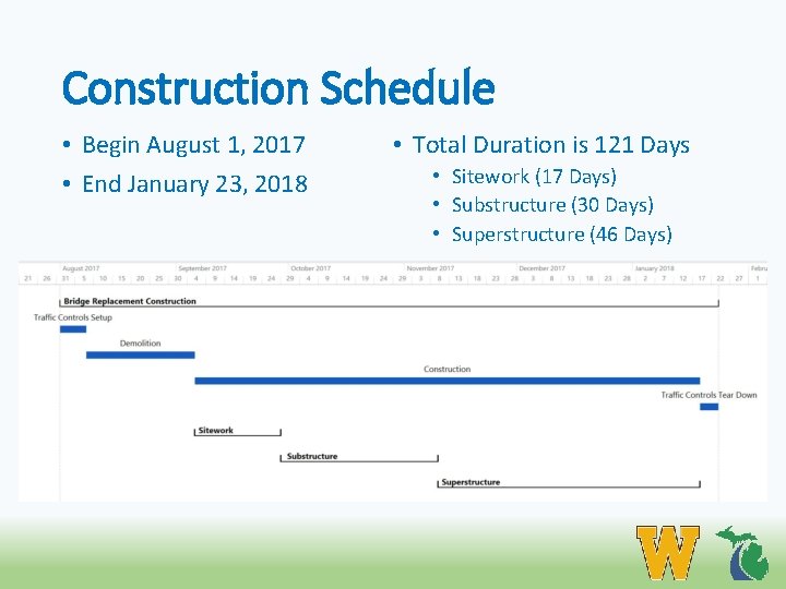 Construction Schedule • Begin August 1, 2017 • End January 23, 2018 • Total