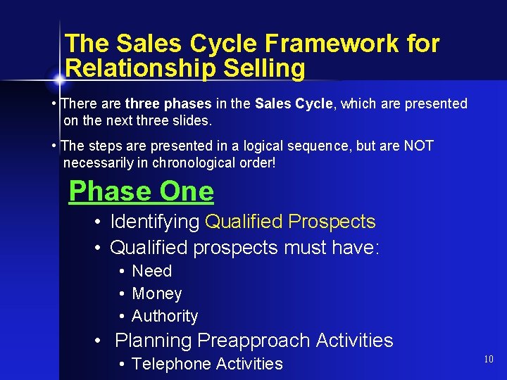 The Sales Cycle Framework for Relationship Selling • There are three phases in the