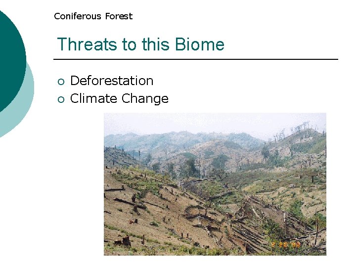 Coniferous Forest Threats to this Biome ¡ ¡ Deforestation Climate Change Coniferous Forest Threats to this Biome ¡ ¡ Deforestation Climate Change