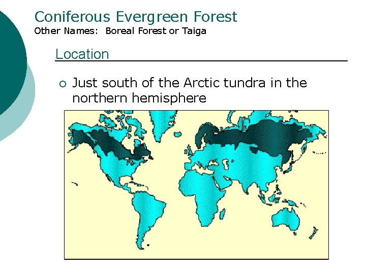 Coniferous Evergreen Forest Other Names: Boreal Forest or Taiga Location ¡ Just south of Coniferous Evergreen Forest Other Names: Boreal Forest or Taiga Location ¡ Just south of