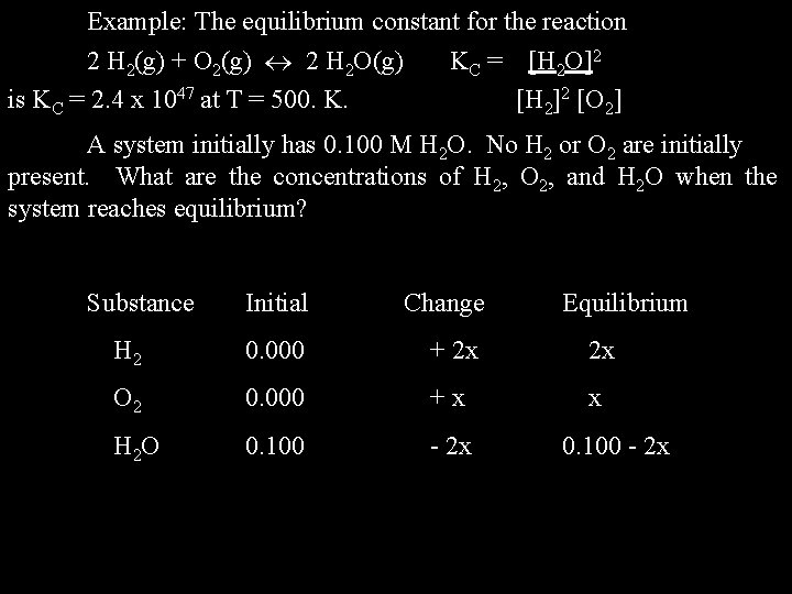 Example: The equilibrium constant for the reaction 2 H 2(g) + O 2(g) 2