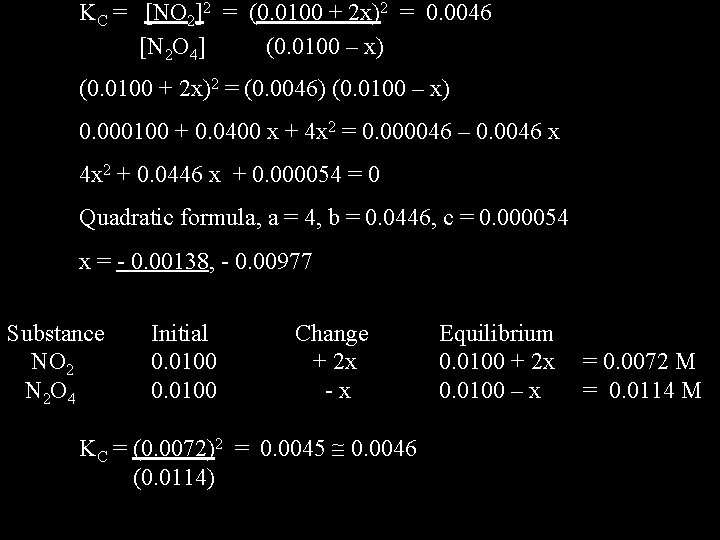 KC = [NO 2]2 = (0. 0100 + 2 x)2 = 0. 0046 [N
