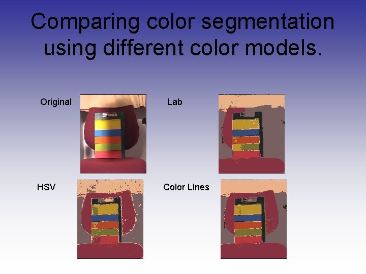 Comparing color segmentation using different color models. Original HSV Lab Color Lines 