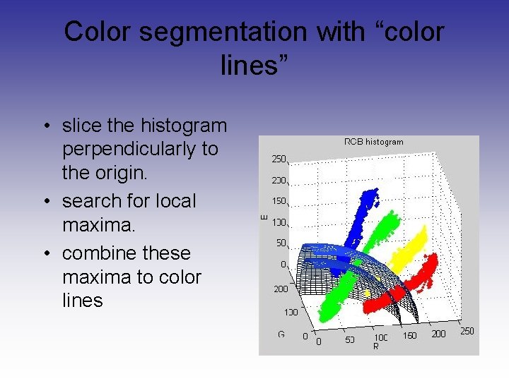 Color segmentation with “color lines” • slice the histogram perpendicularly to the origin. • Color segmentation with “color lines” • slice the histogram perpendicularly to the origin. •