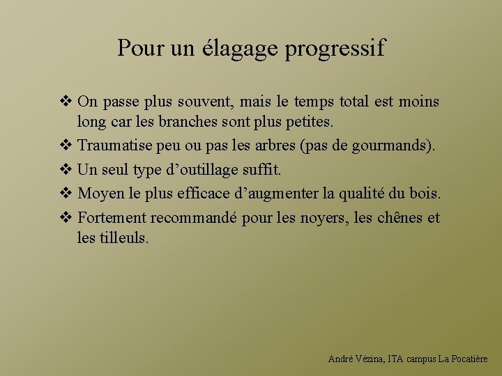 Pour un élagage progressif v On passe plus souvent, mais le temps total est