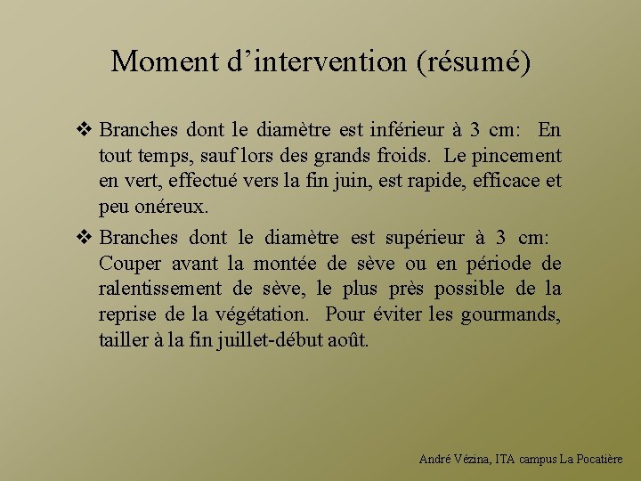 Moment d’intervention (résumé) v Branches dont le diamètre est inférieur à 3 cm: En