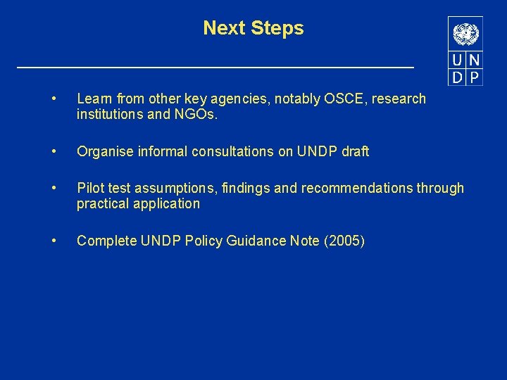 Next Steps • Learn from other key agencies, notably OSCE, research institutions and NGOs.