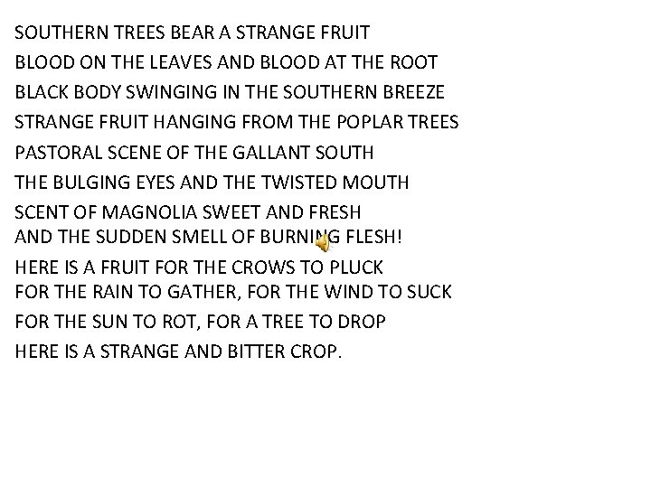 SOUTHERN TREES BEAR A STRANGE FRUIT BLOOD ON THE LEAVES AND BLOOD AT THE