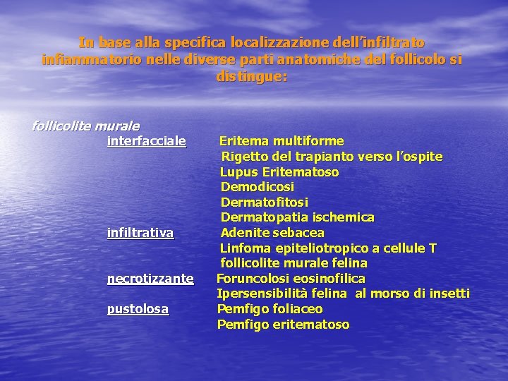 In base alla specifica localizzazione dell’infiltrato infiammatorio nelle diverse parti anatomiche del follicolo si