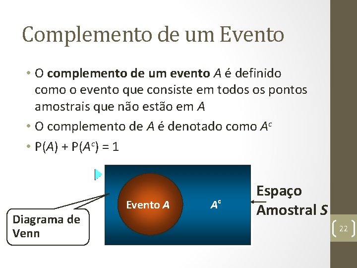 Complemento de um Evento • O complemento de um evento A é definido como