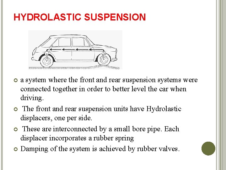 HYDROLASTIC SUSPENSION a system where the front and rear suspension systems were connected together
