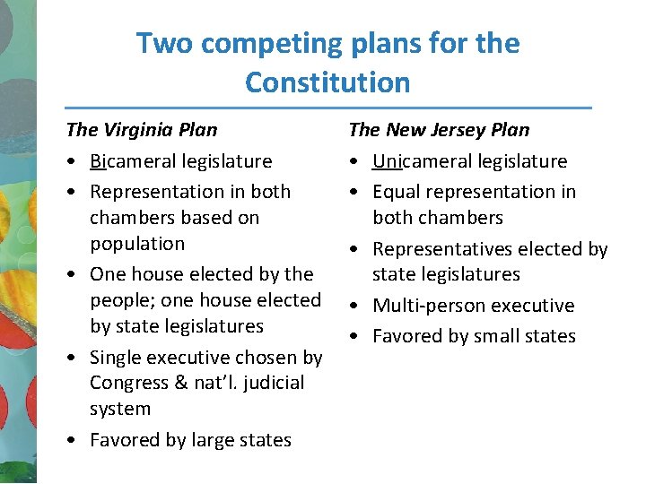 Two competing plans for the Constitution The Virginia Plan • Bicameral legislature • Representation