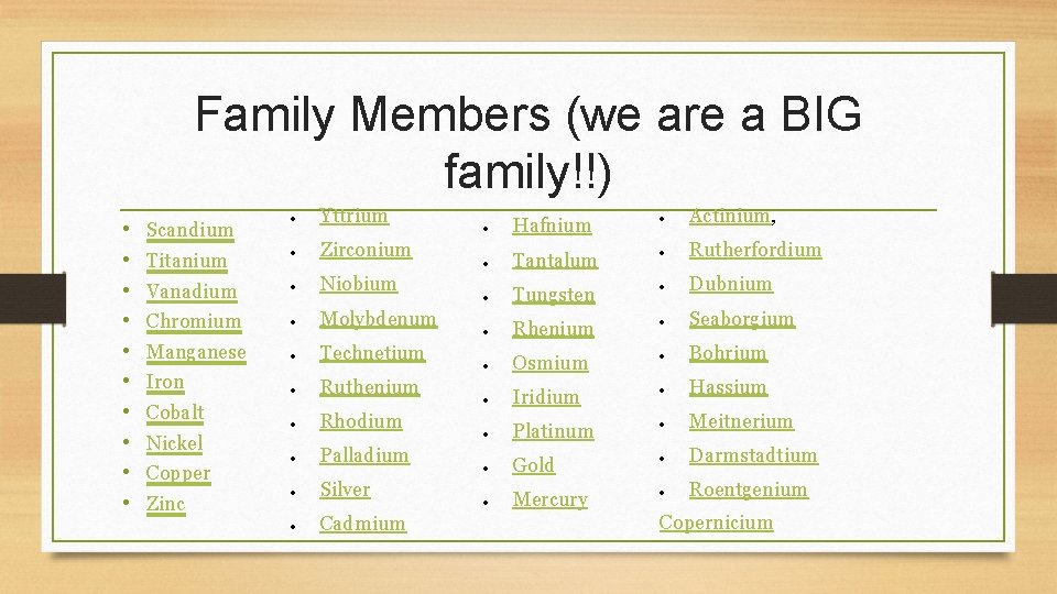 Family Members (we are a BIG family!!) • • • Yttrium Titanium Zirconium Vanadium