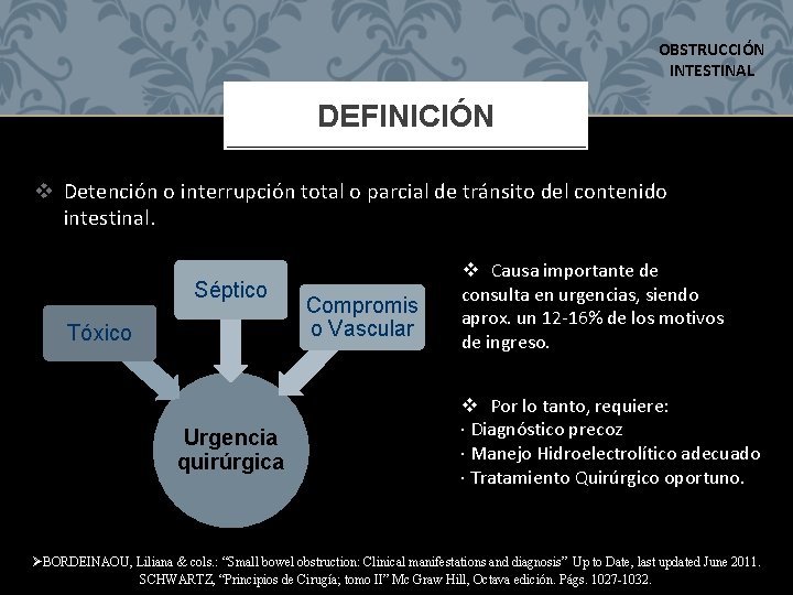 OBSTRUCCIÓN INTESTINAL DEFINICIÓN v Detención o interrupción total o parcial de tránsito del contenido