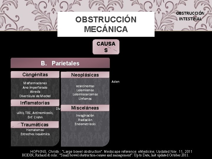 OBSTRUCCIÓN MECÁNICA OBSTRUCCIÓN INTESTINAL CAUSA S B. Parietales Congénitas Neoplásicas Malformaciones Ano imperforado Atresia