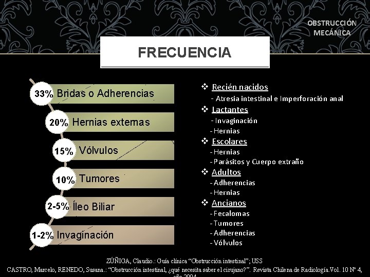 OBSTRUCCIÓN MECÁNICA FRECUENCIA 33% Bridas o Adherencias 20% Hernias externas 15% Vólvulos 10% Tumores