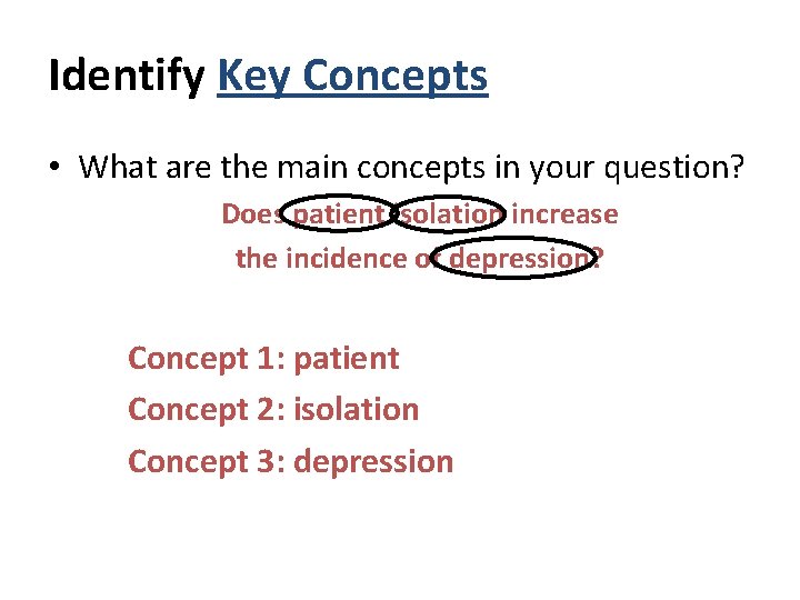 Identify Key Concepts • What are the main concepts in your question? Does patient