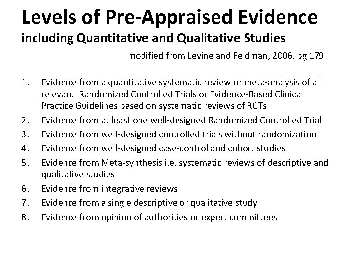 Levels of Pre-Appraised Evidence including Quantitative and Qualitative Studies modified from Levine and Feldman,