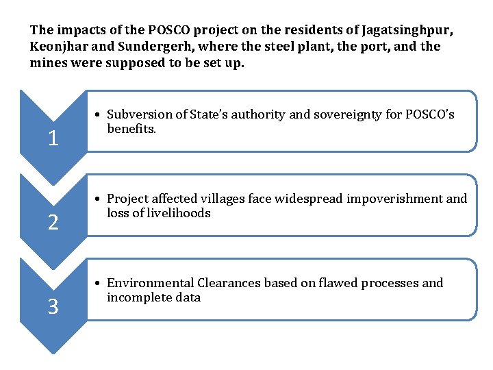 The impacts of the POSCO project on the residents of Jagatsinghpur, Keonjhar and Sundergerh,