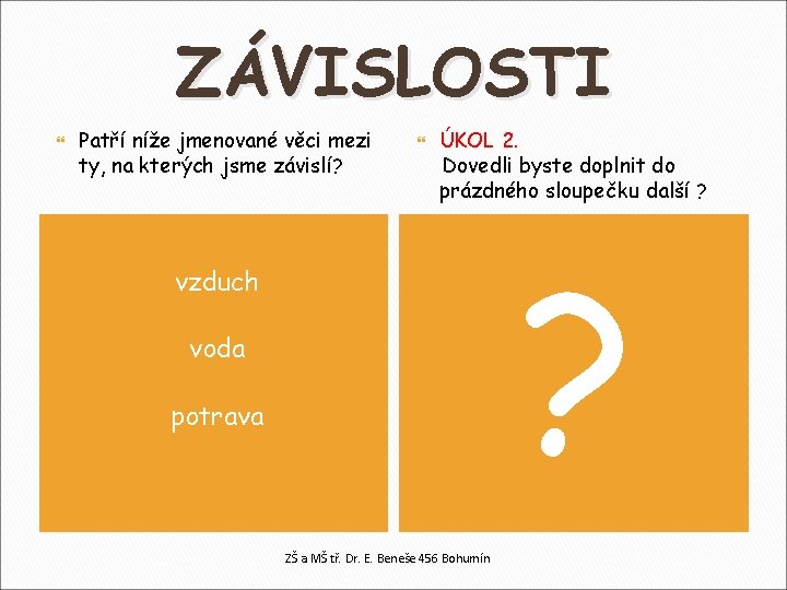 ZÁVISLOSTI Patří níže jmenované věci mezi ty, na kterých jsme závislí? ÚKOL 2. Dovedli