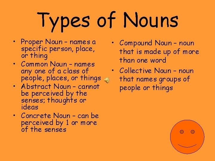 Types of Nouns • Proper Noun – names a specific person, place, or thing