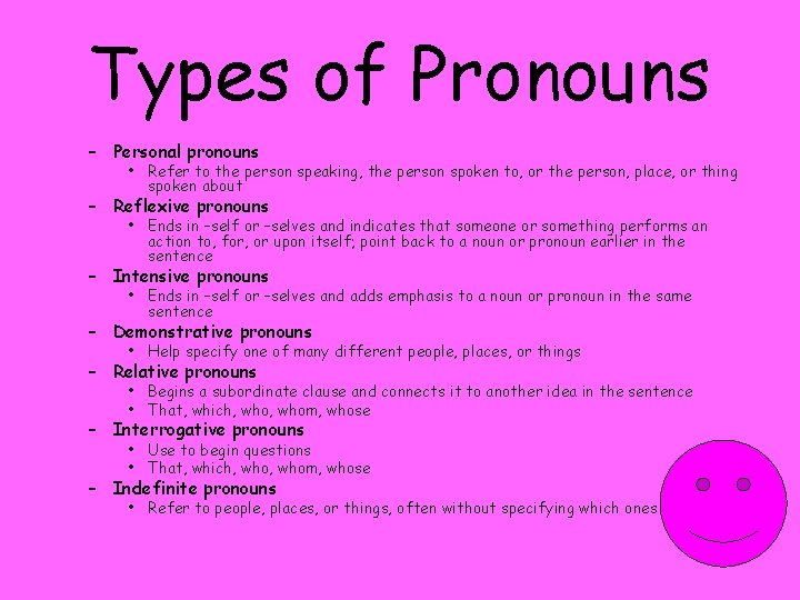 Types of Pronouns – Personal pronouns • Refer to the person speaking, the person